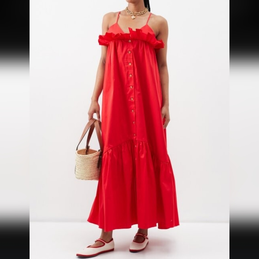 Kika Vargas Alex Red Ruffled Poplin Maxi Dress Strappy With Pockets Size Large
